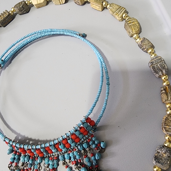 Turquoise Red Beaded Boho W Carved Scarab Natual Carved Necklace Jewelry Bundle - Picture 7 of 10